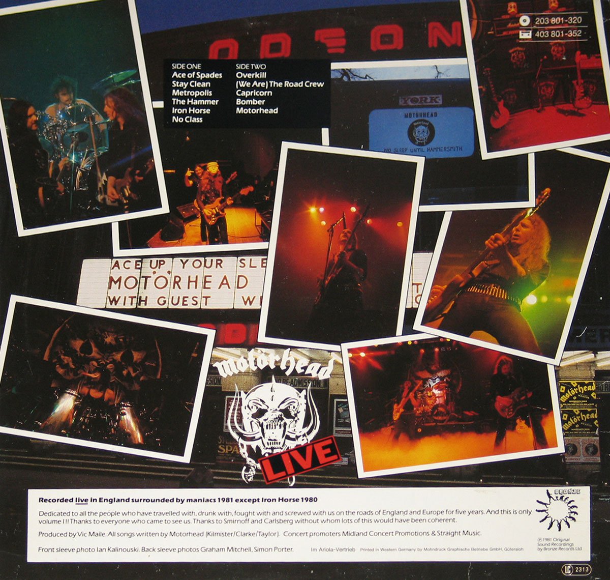 Photo One Of The Original Custom Inner Sleeve MOTORHEAD - No Sleep Til' Hammersmith British Heavy Metal 